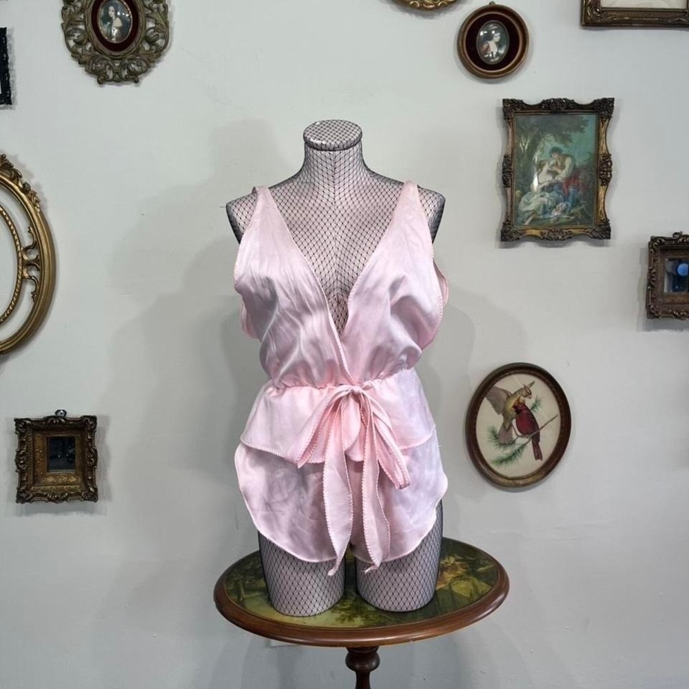 Vintage Y2K Pink Satin Lingerie Set – Sheer Babydoll Top & Matching Shorts